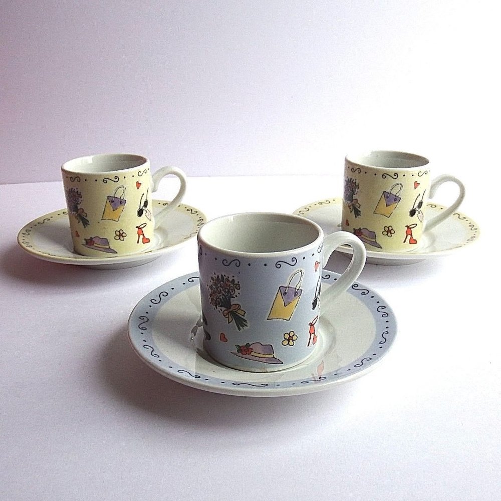 NEW Linda Grayson Collectible Set Of 3 Espresso Cup/Saucer